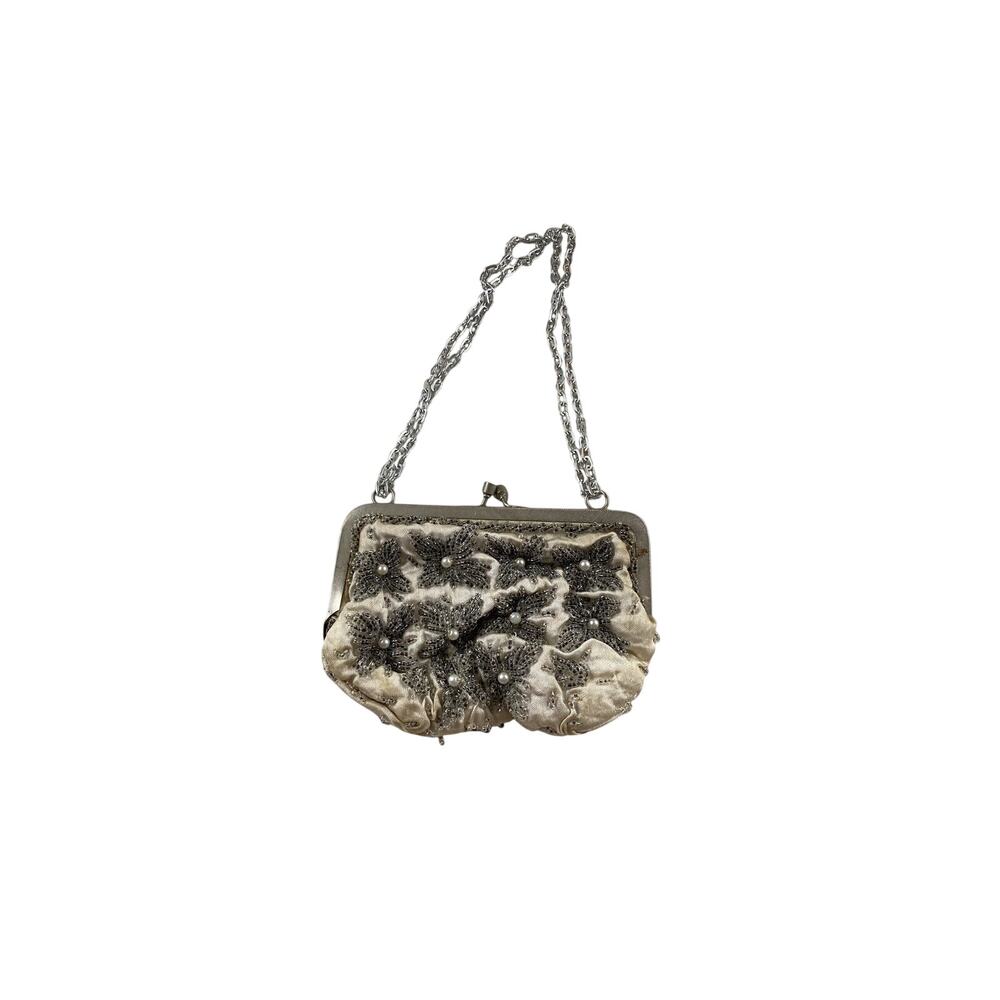Beaded Kisslock Clutch Small Evening Handbag Cream Grey Chain Strap Embroidered